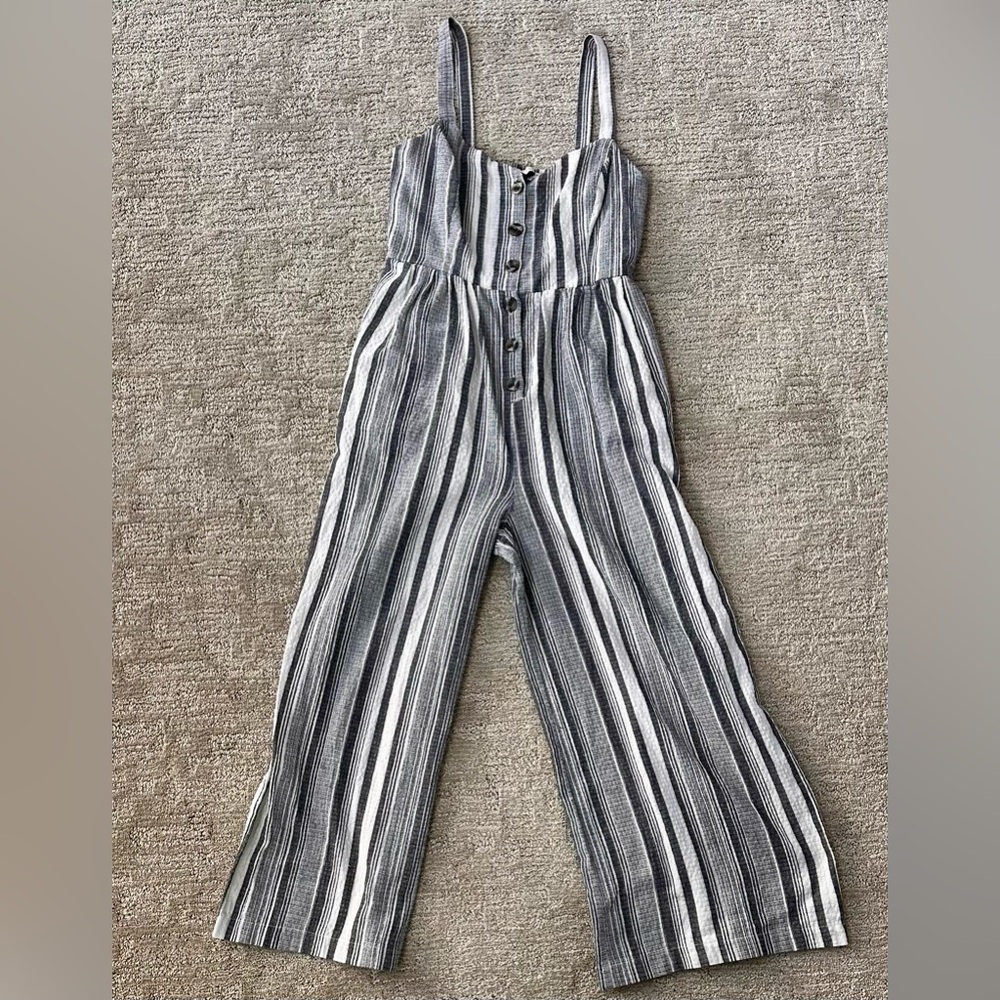 Lush Black and White Striped, Cropped, Wide Leg, Linen Blend Jumpsuit